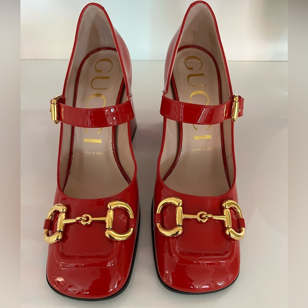 Gucci Red Patent Leather Heels with Gold Accents